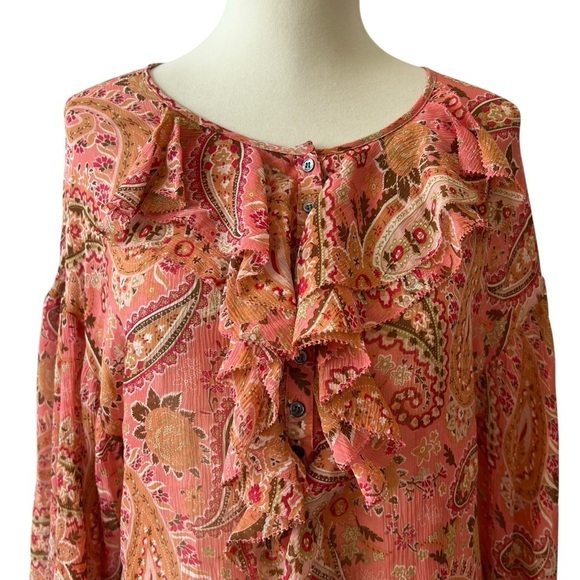 SUNDANCE SILK TOP SZ S PAISLEY BOHEMIAN RUFFLE INDIE BALLOON SLEEVES FLOWY - Picture 3 of 12